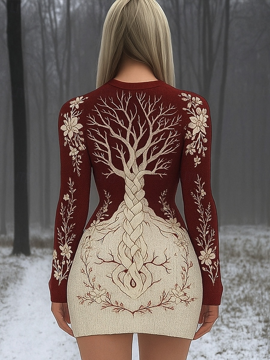 Damen Minikleid Pulloverkleid Urlaub Lässig Boho Täglich Ferien Ausgehen Schlank Grafik Stammes Langarm Rundhalsausschnitt Hoher Ausschnitt Schwarz Rote Dunkelgrün Beige Herbst Winter 2026 - $41.99 –P2