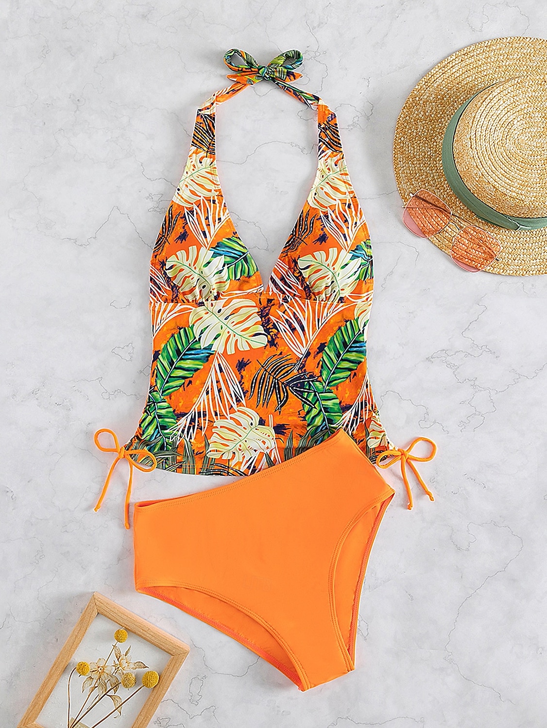 Costume da bagno tankini da donna 2 pezzi arricciato palmo cheeky controllo pancia vita alta slinguato senza schiena vacanza in spiaggia scollatura a halter floreale senza maniche del 2026 a $22.99 –P3