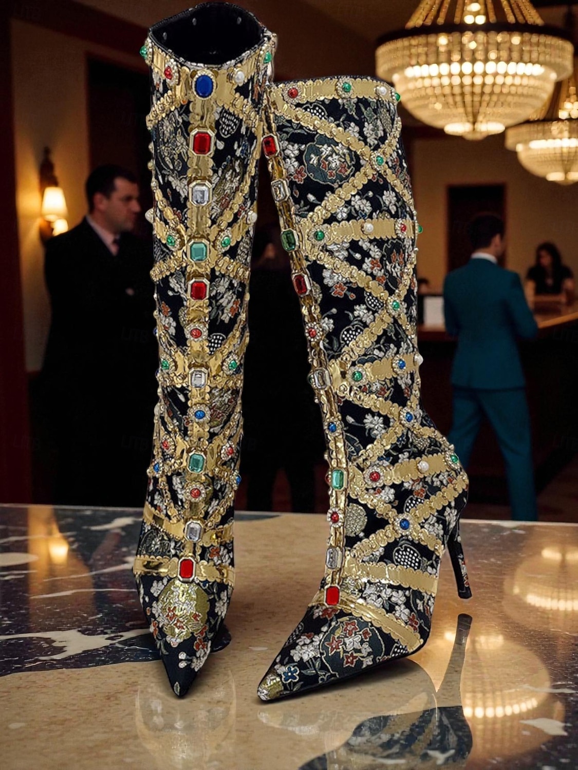 Cizme stiletto pentru femei, decorate cu pietre prețioase colorate și detalii aurii, cizme de lux la modă pentru petreceri de seară și ocazii speciale 2026 - $99.99 –P5