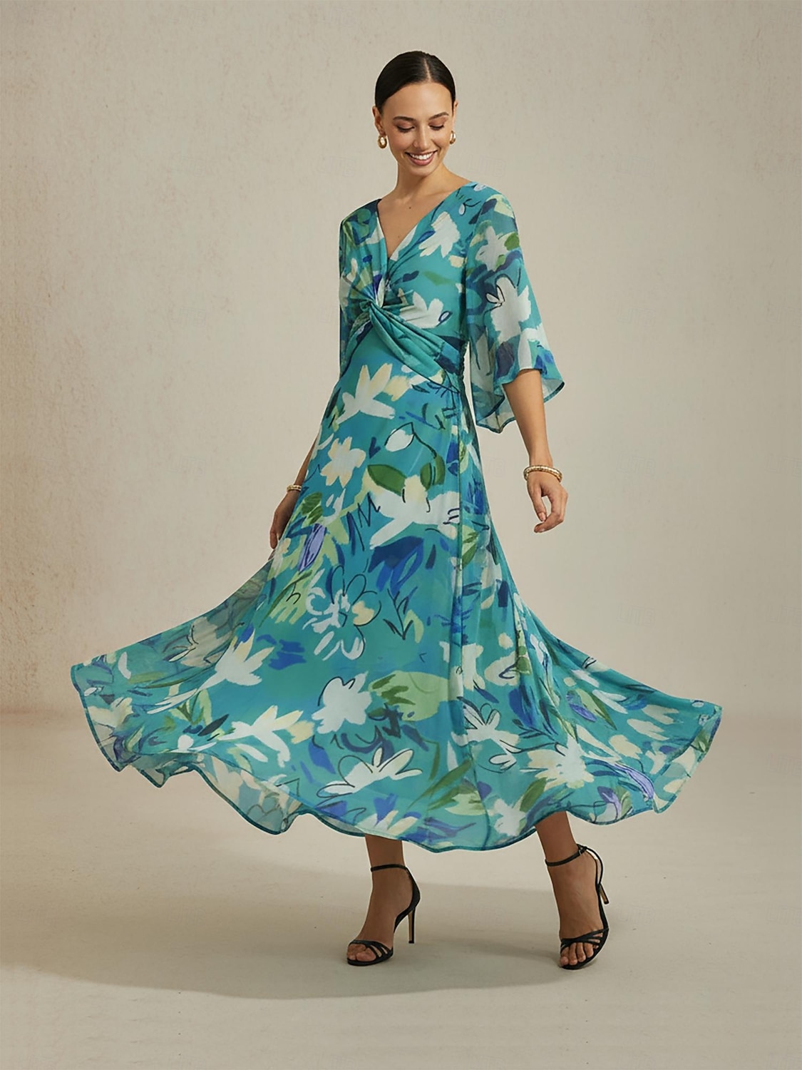 abito lungo da vacanza in chiffon con stampa floreale verde del 2025 a $114.99 –P3