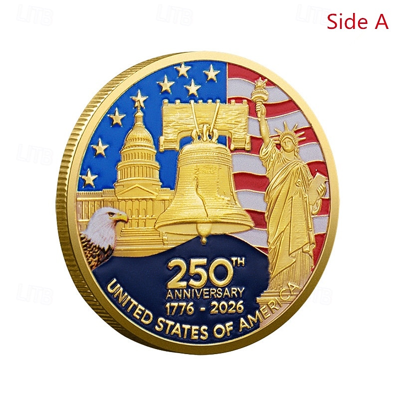 250th Anniversary Commemorative Coins - Golden American Flag & Liberty Bell Design Collectible Coins, Durable Metal Anniversary Coins for Display, Collectors Patriotic Semiquincentennial 2026 - $15.99 –P9