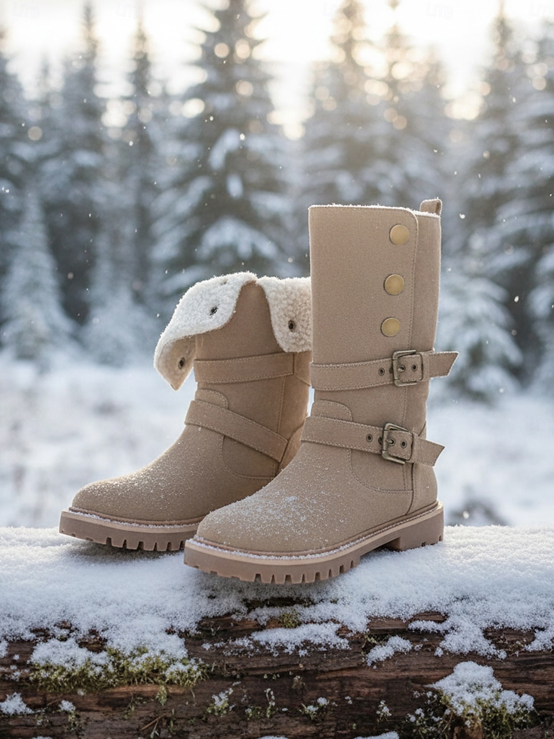 Beige Wildleder-Schneestiefel für Damen, mittelhoch, mit Schnallenriemen – warme, mit Sherpa-Fleece gefütterte Winterstiefel für Outdoor-Aktivitäten im Schnee und auf Reisen 2026 - $69.99 –P3