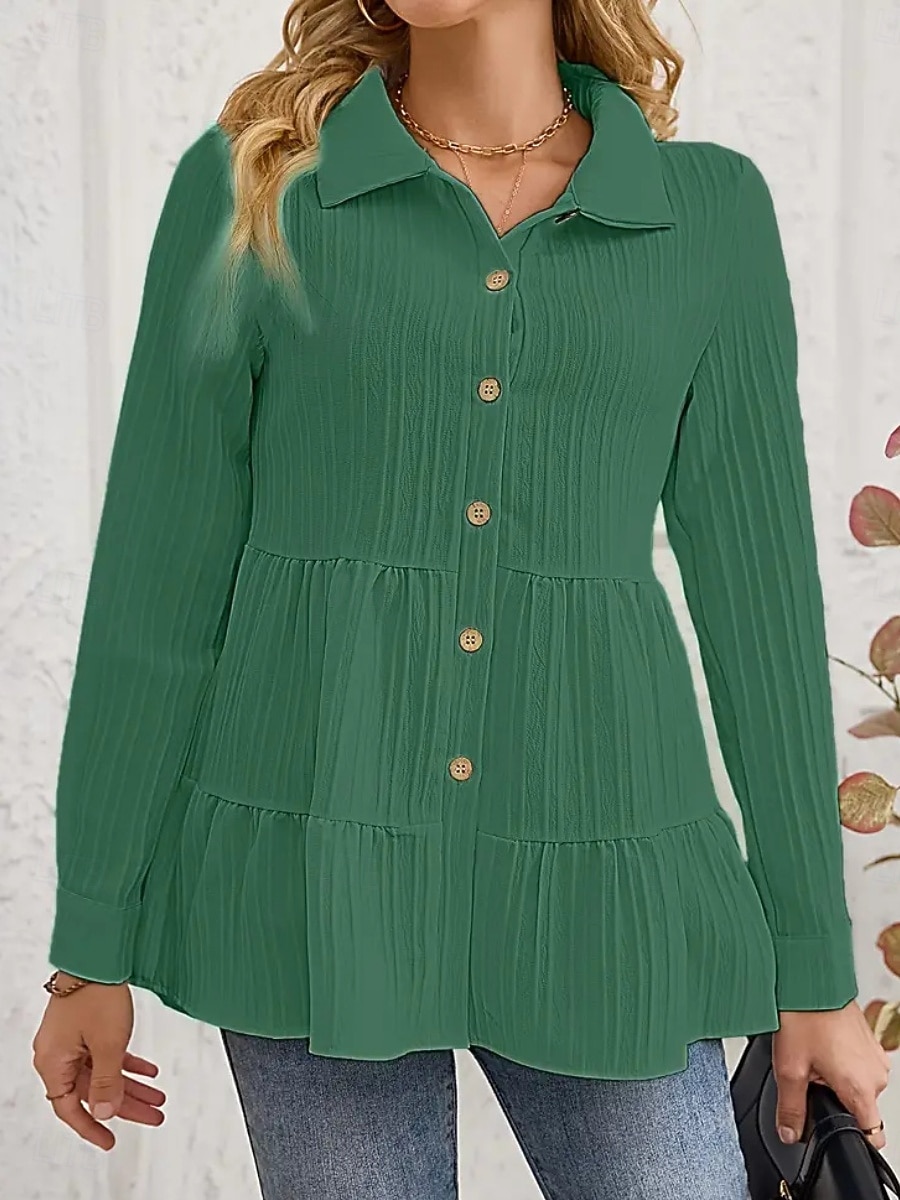 Damen Bluse Gerafft Knöpfe Einfarbig Stilvoll Lässig Langarm Hemdkragen Normale Oberteile Täglich Salbeigrün Schwarz Rote Marineblau Aprikose Frühling Herbst Winter 2026 - $26.99 –P15