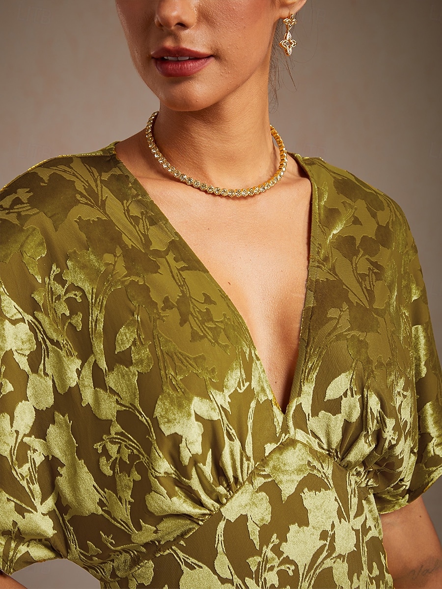 dames maxi-jurk a-lijn jurk fluweel elegant feest bruiloft gast bloemen blad halve mouw v-hals smaragdgroen lente herfst winter 2025 - $121.99 –P5