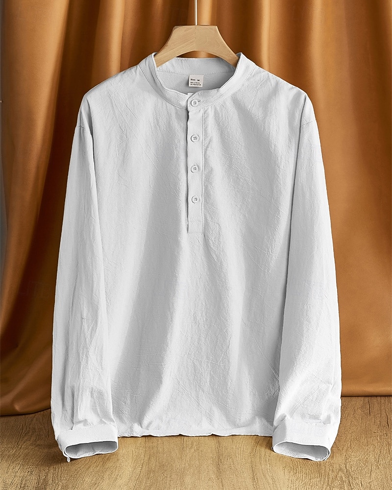 Per uomo Camicia Camicia di lino Camicia popover Camicia casual Camicia di cotone Semplice Vacanza Camicia hawaiana Nero Bianco Cachi Verde militare Manica Lunga Colletto alla coreana Primavera del 2025 a $24.99 –P16