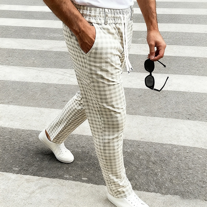 Men's Trousers Casual Pants Drawstring Pocket Elastic Waist Plaid Comfort Soft Outdoor Daily Holiday Fashion Classic Style Dark Khaki Light Khaki Micro-elastic 2026 - $24.99 –P8