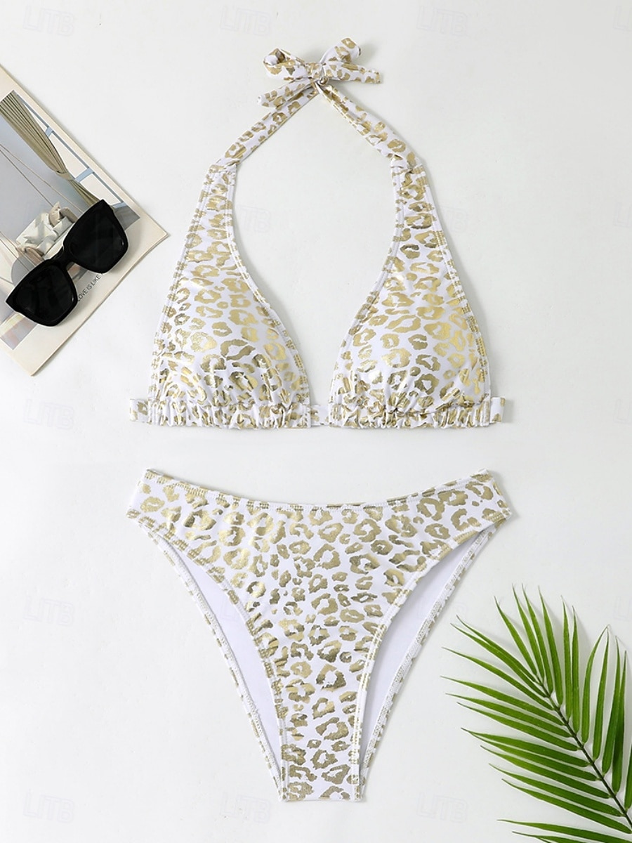 Kostium kąpielowy bikini damski 2-częściowy z leopardem seksowny slim bez pleców wakacyjny strój plażowy dekolt halter bez rękawów 2026 - $22.99 –P9