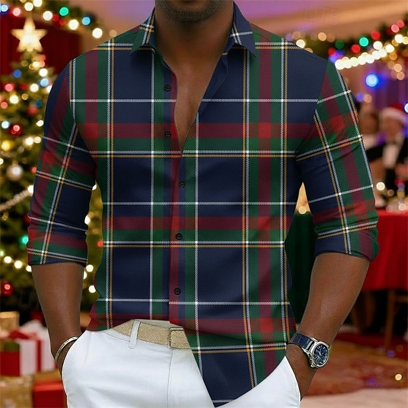 Christmas Men's Plaid Shirt Button Up Shirt Casual Dress Shirt Long Sleeve Casual Comfortable Resort Vacation Formal Dailywear Spring Fall Turndown Button Up Blue Red 2026 - $27.99 –P2