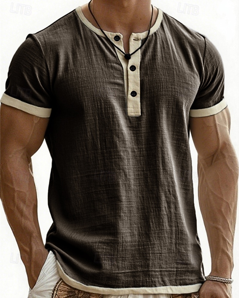 Herre T skjorte Henly-skjorte T-skjorter Kortermet skjorte Kortermet Henley Sommer Vår Fargeblokk Mote Designer Grunnleggende Lapper Feriereise Gate Ut på byen Blå Svart Rosa Topp T-skjorte for menn 2026 - $20.99 –P9