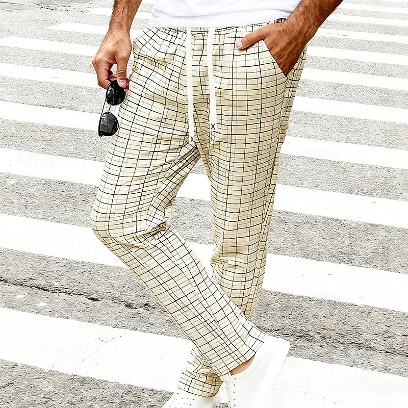Men's Trousers Casual Pants Drawstring Pocket Elastic Waist Plaid Comfort Soft Outdoor Daily Holiday Fashion Classic Style Dark Khaki Light Khaki Micro-elastic 2026 - $24.99 –P23
