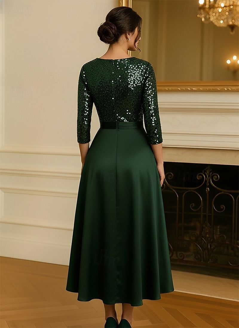 A-Line Tea Length Cocktail Dresses Party Dresses Flared Dress Elegant 3/4 Length Sleeve V Neck Garden Party Wedding Satin with Sequin 2026 - $172.99 –P2