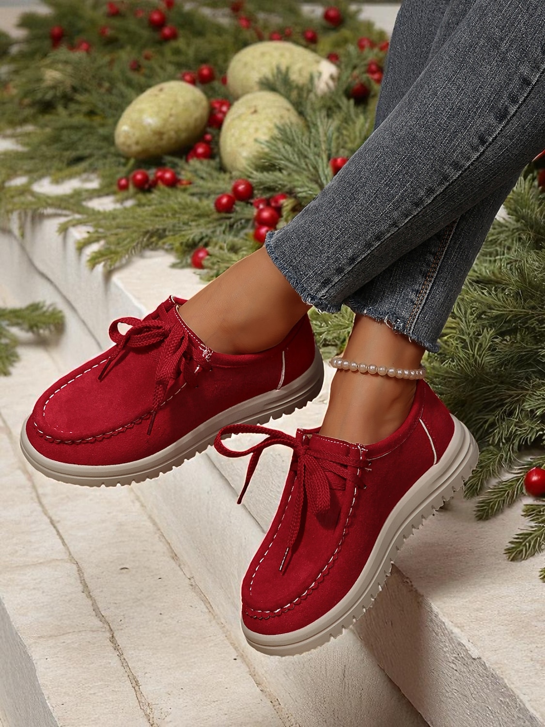 Chaussures rouges décontractées à lacets pour femmes - mocassins plats souples et antidérapants, chaussures confortables au quotidien pour Noël, le shopping et les voyages de 2026 ? $24.99 –P4