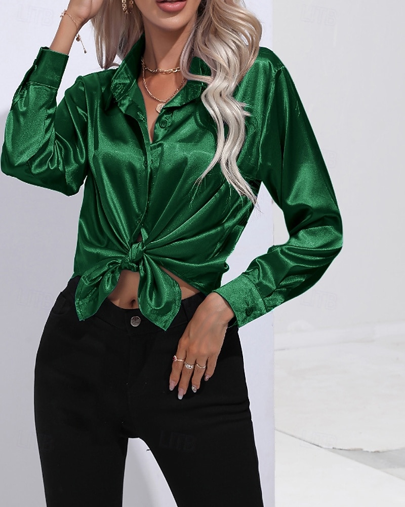 Femmes Chemise Elegant Haut en satin Chemisier Boutons Uni Élégant ancien manche longue Col de chemise Hauts Réguliers Fête Sortir Jaune Rouge Bleu Roi Rose Gris Été Printemps de 2026 ? $25.99 –P16