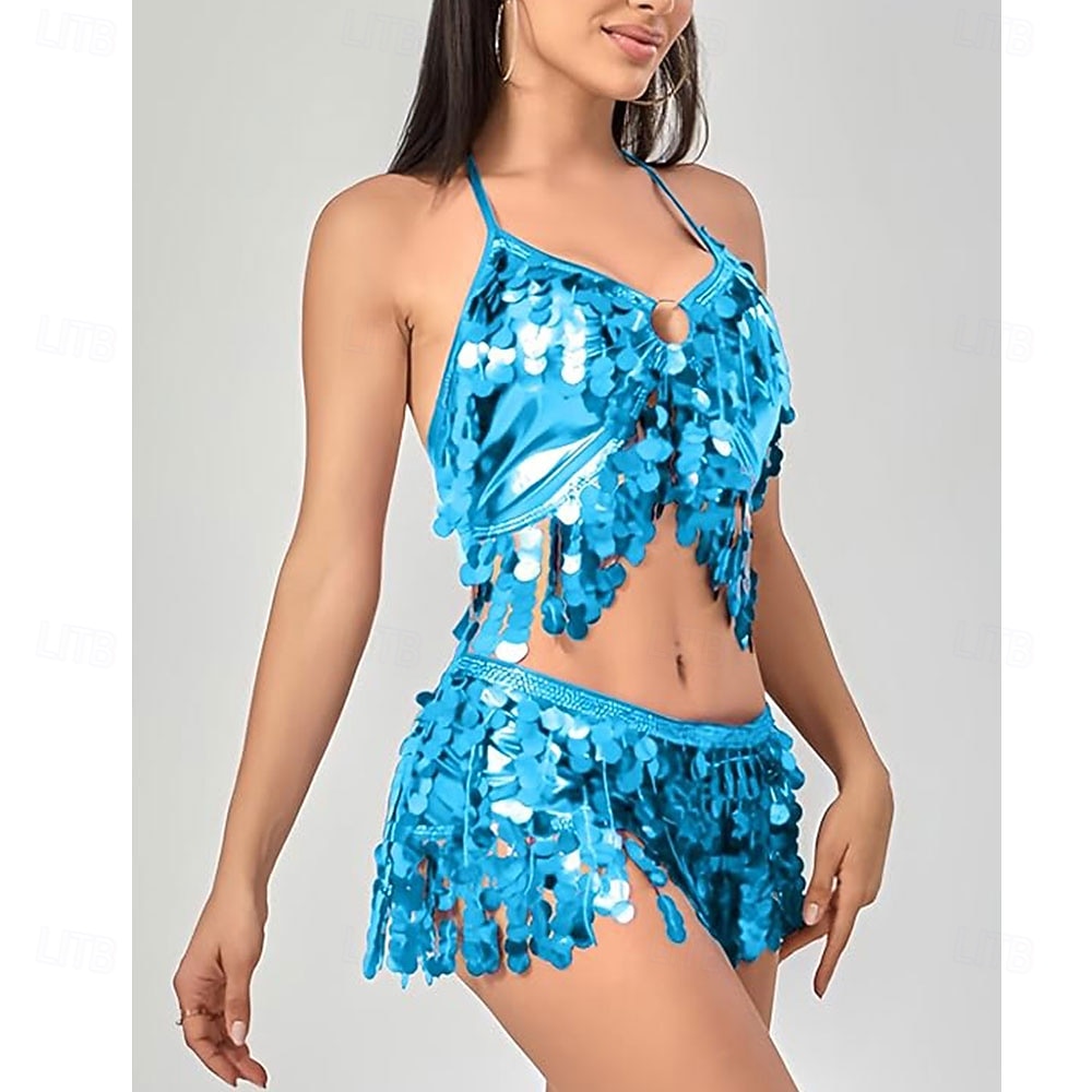 Samba Tanzmode Verstellbare Schnüreffekte Pailletten Fransen Rock Oberteil Set Frauen Funkelndes Bauchtanz Outfit 2 Stückl Performance Kostüm 2026 - $35.99 –P2