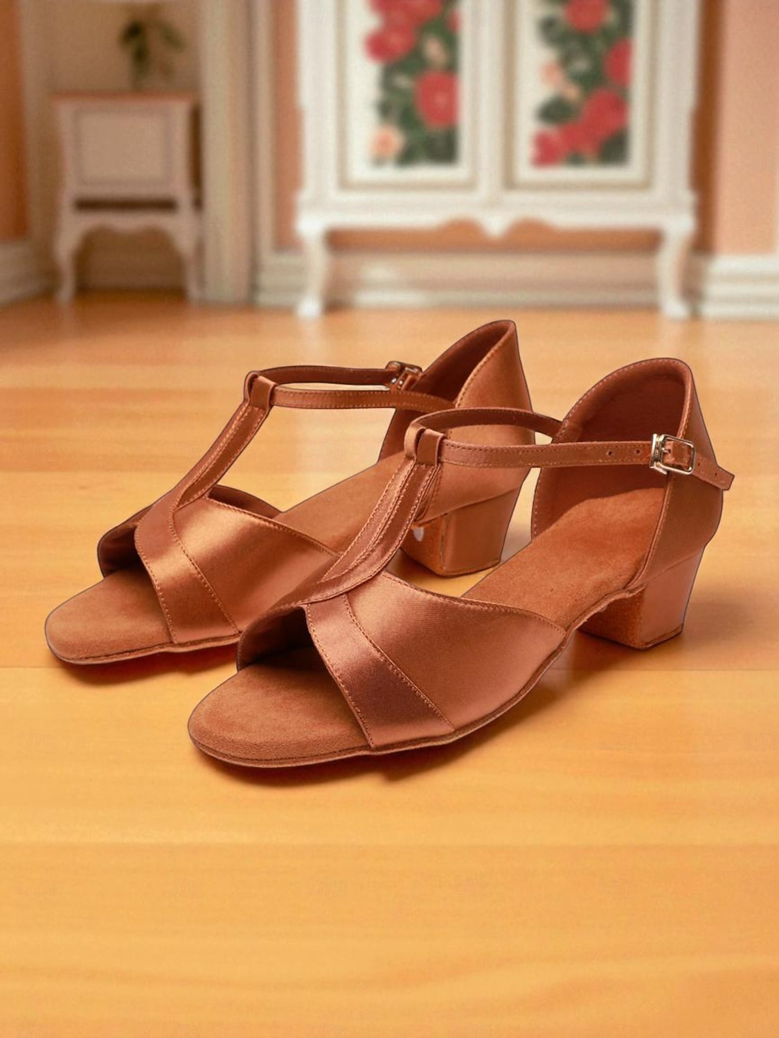 Girls' Satin Latin Dance Shoes - Brown T-Strap Low Heel Ballroom Sandals for Kids and Teens Practice and Competitions 2026 - $34.99 –P3