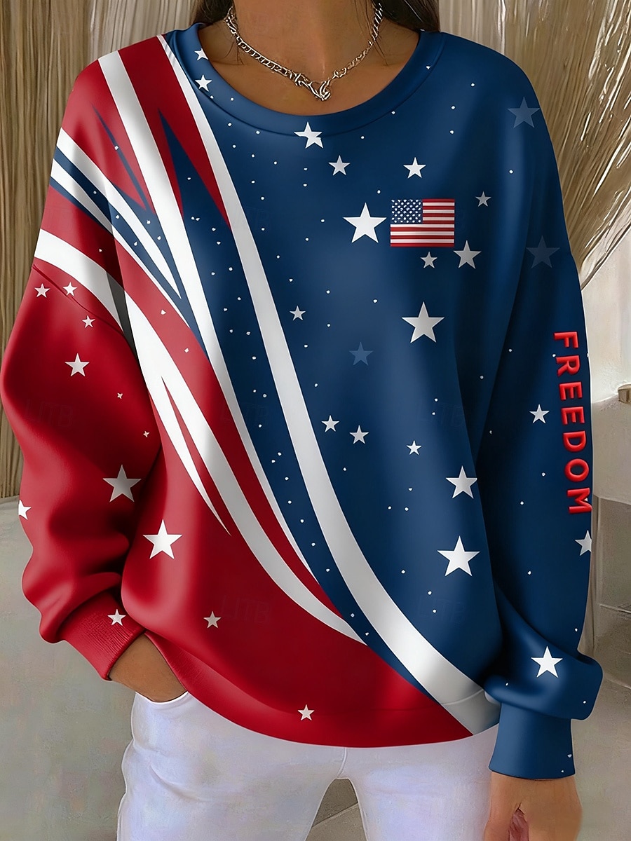Sweat-shirt pullover patriote pour femmes de la fête de l'indépendance graphique décontracté à manches longues col rond hauts réguliers vêtement de rue quotidien bleu automne hiver de 2026 ? $28.99 –P1