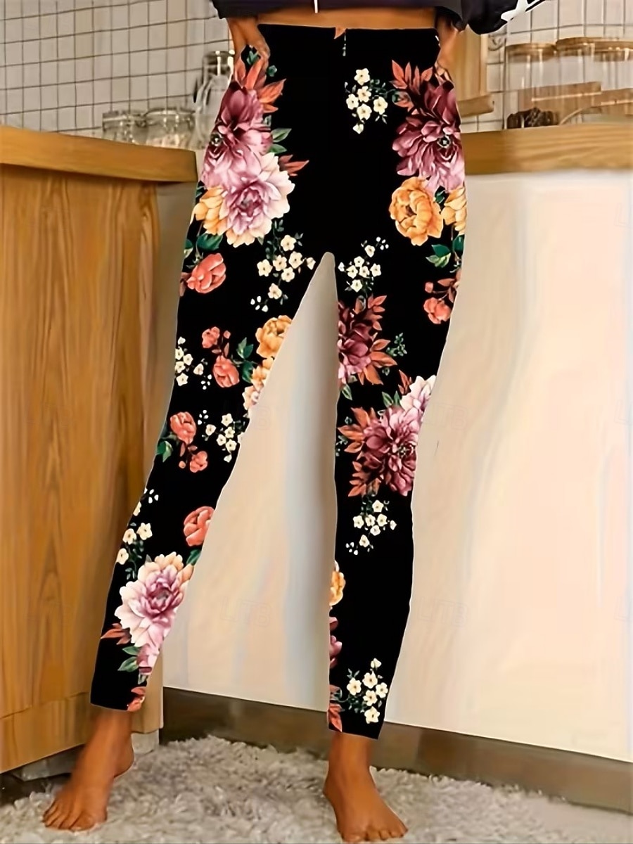 Women's Leggings Cozy Leggings Vacation Casual Full Length High Waist Floral Printing Comfortable Stretchy Casual Daily Vacation Navy Black Yellow Fuchsia Summer Spring Fall Regular Fit 2026 - $19.99 –P1