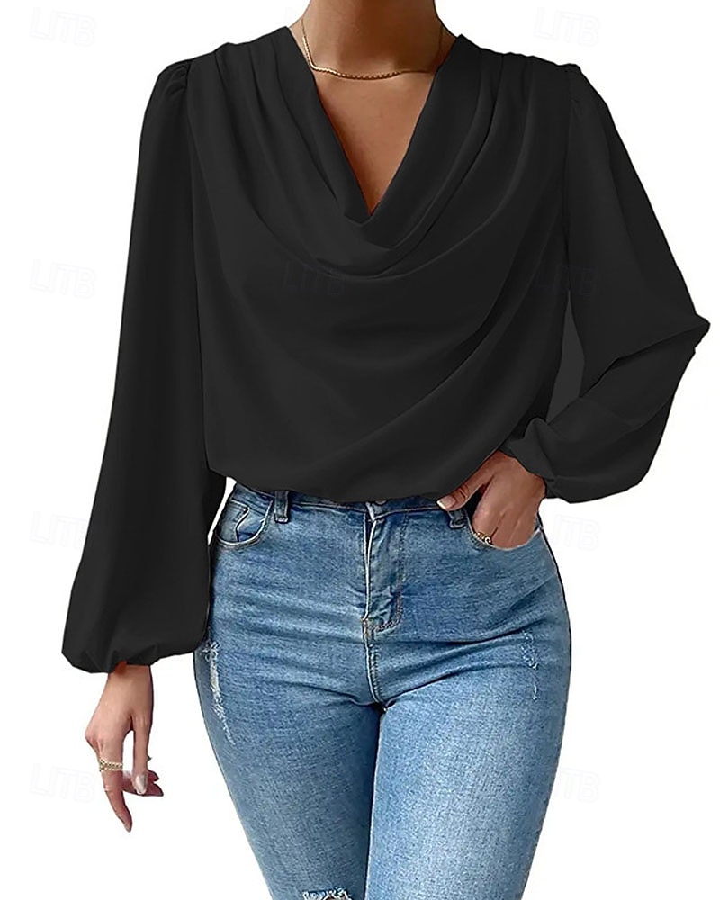 Damen Hemd Elegant Satin-Top Bluse Gerafft Patchwork Drapiert Einfarbig Einfach Elegant Vintage Täglich Langarm Laternenärmel Asymmetrisch Normale Oberteile Täglich Arbeit Ferien Blau Schwarz Wei 2026 - $25.99 –P3