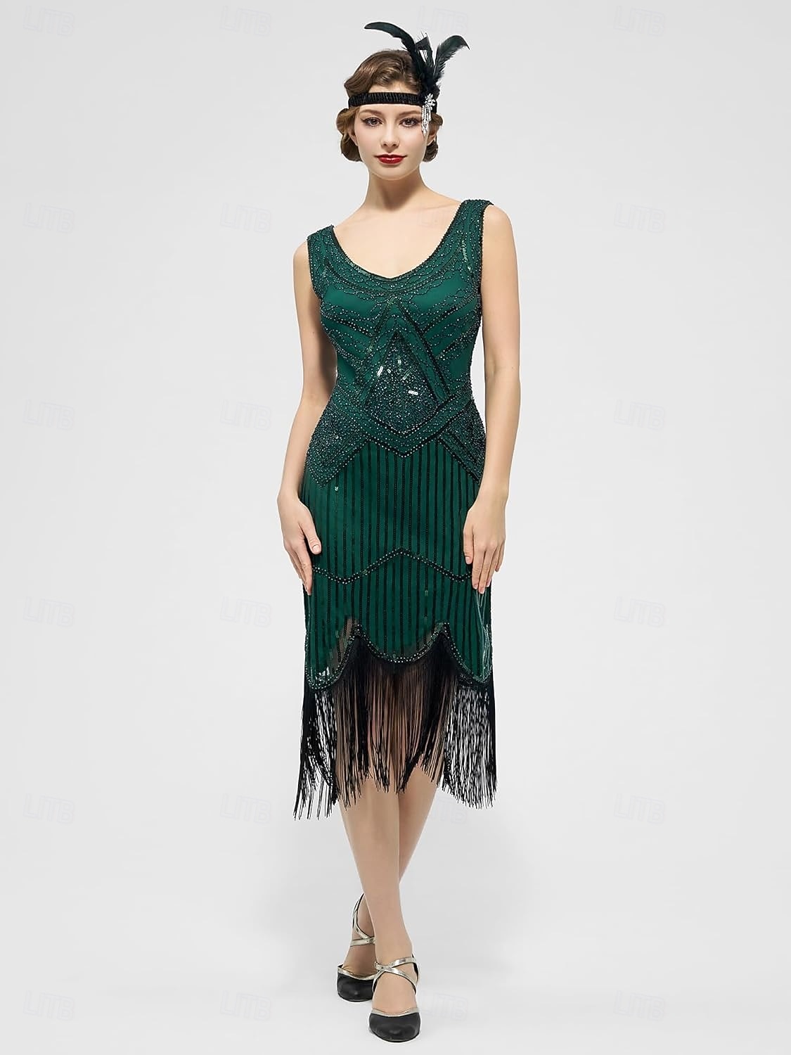 Set Goldene Zwanziger 1920er Knielang Kleid Flapper Kleid Outfits mit Zubehör Ärmellos Der große Gatsby Charleston Pailletten Quastenfransen Feder V Ausschnitt Kostüm Damen Karneval Neujahr Maskerade 2026 - $62.99 –P4