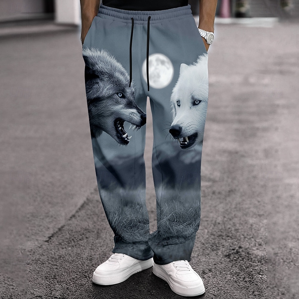 2026年 男性用 動物 オオカミ 月光 スウェットパンツ ズボン カジュアルパンツ ミディアムウエスト ヴィンテージレトロ アウトドア ハンティング いい結果 伸縮性のあるドローストリングウエスト ポケット付きストレートレッグパンツ 春 秋 3Dプリント ブルー グレー  コレクション – $24.99 –P2
