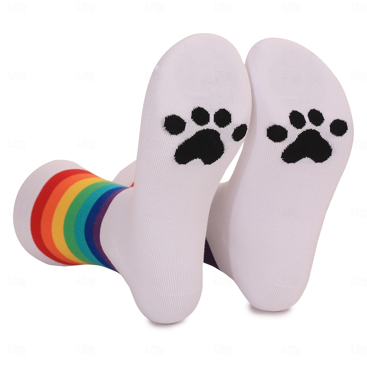 Ponožky do poloviny lýtek s duhovými pruhy a pohlcujícím pot, odolné proti zápachu a potiskem zvířecích tlapek, unisex, pohodlné bavlněné ponožky pro muže i ženy na běžné nošení 2026 - $7.49 –P4