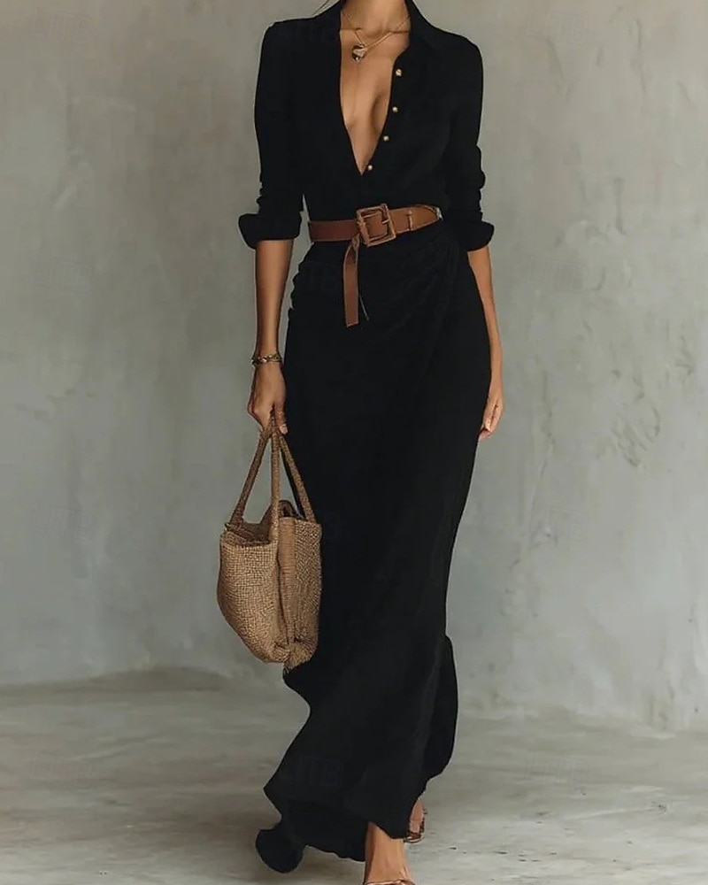 Mulheres Vestido Longo Vestido Maxi Camisetão Moderno Diário Ao ar livre Para Noite Normal Tecido Manga Longa Colarinho de Camisa Preto Branco Azul Marinha Cáqui Primavera Outono de 2026 por $43.99 –P3