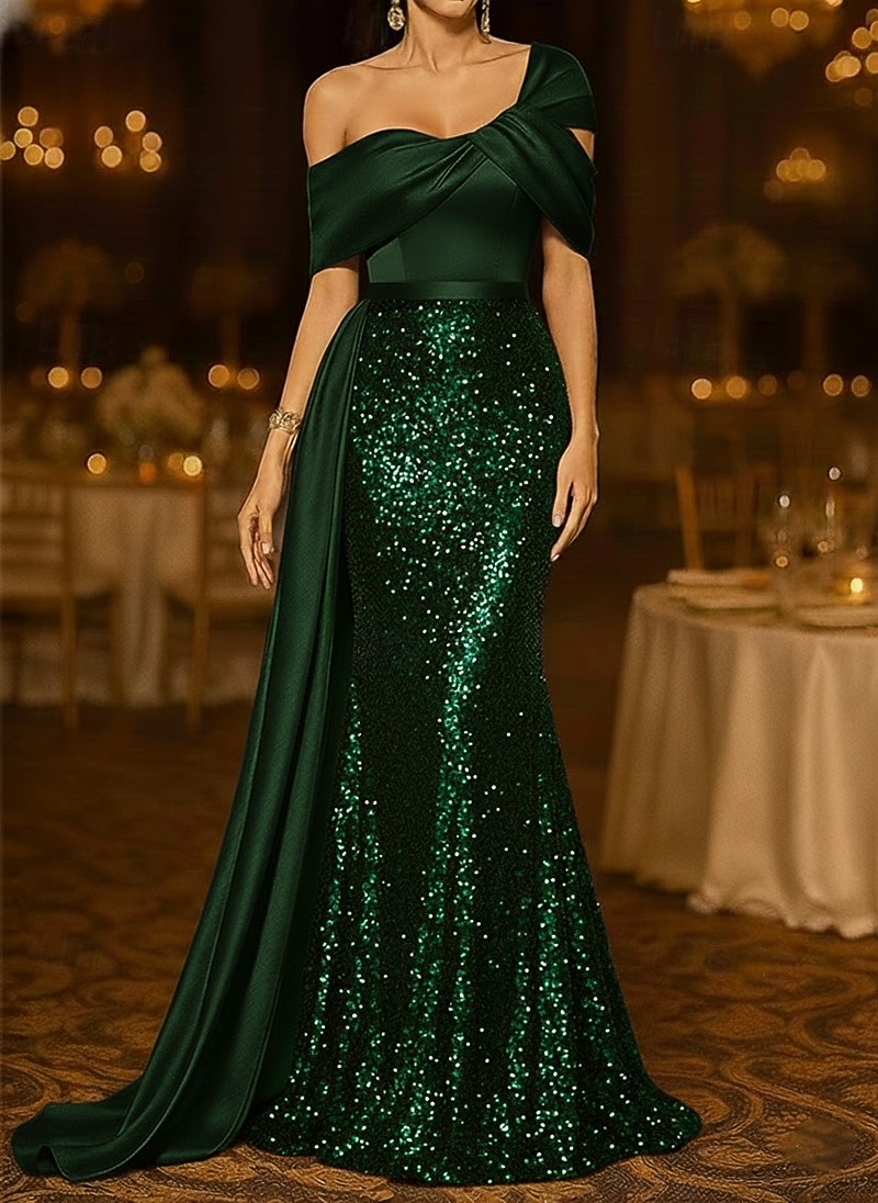 Mermaid Trumpet Sweep Brush Train Evening Gown Ball Gown with Overskirt Formal Dress Elegant Glittering Sparkle Sleeveless Off Shoulder Wedding Formal Satin Sequined with Glitter Pleats 2026 - $183.99 –P5