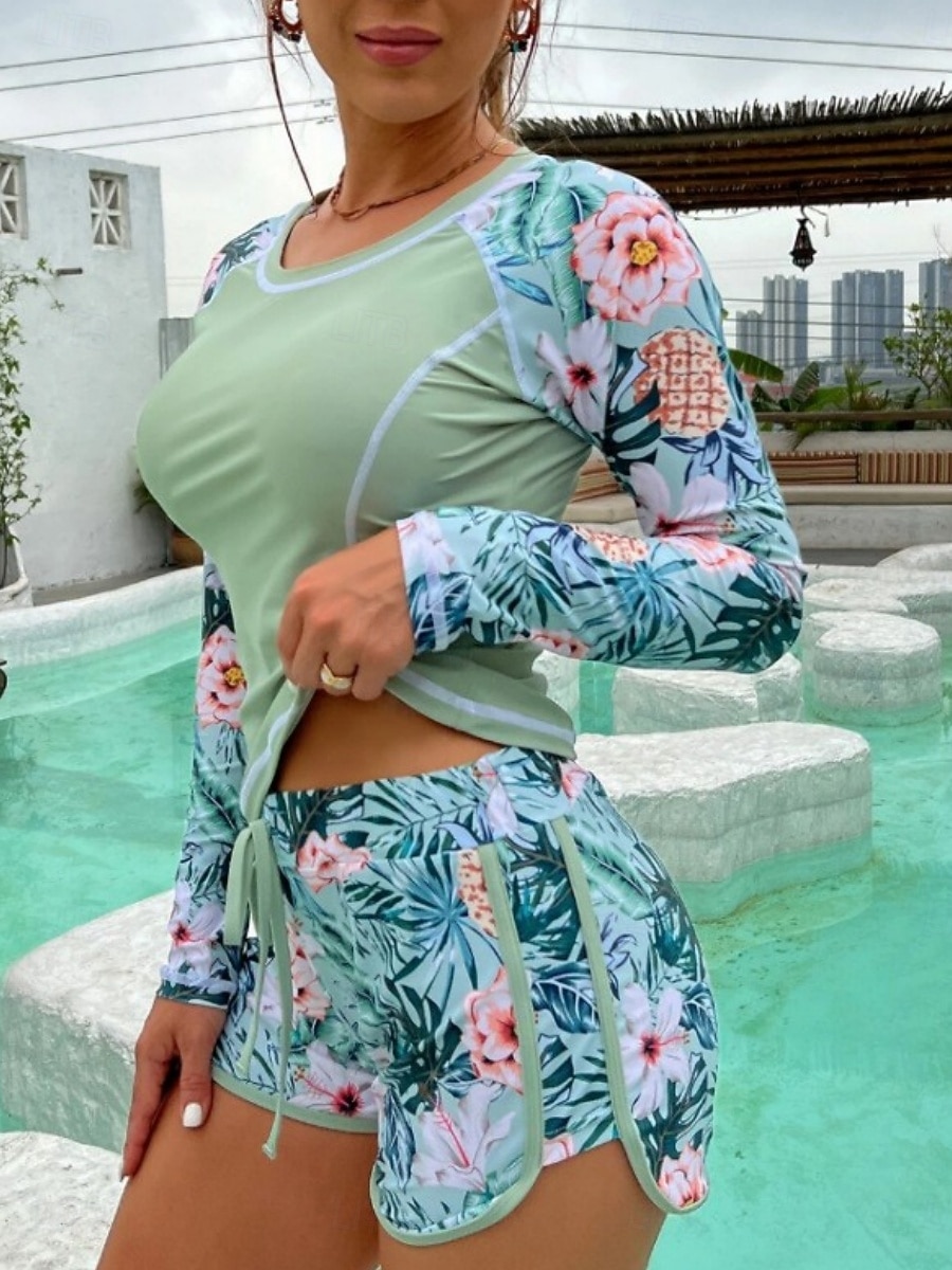 Costume da bagno 2 pezzi tankini da donna con palme pantaloni corti controllo della pancia alta vita slim senza schienale per vacanze in spiaggia floreale scollo rotondo maniche lunghe del 2026 a $27.99 –P11