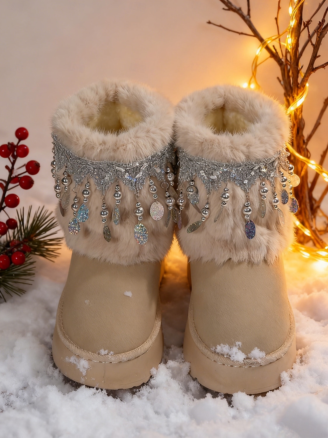 Women's Beige Faux Fur Snow Boots with Rhinestone Tassel Fringe – Warm Platform Ankle Booties for Winter Parties, Christmas & Holiday Fashion 2026 - $42.99 –P5