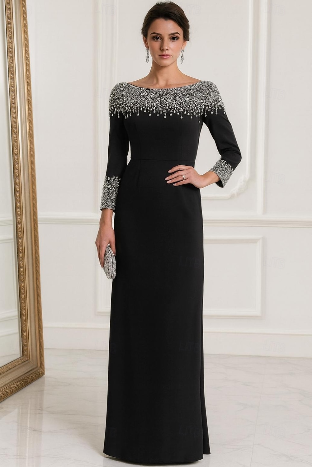 عامودي طول الأرض فساتين السهرة الزي الرسمي أنيق التألق مضيئ كم طويل رقبة عالية مدورة رسمي زفاف طبقات كريب ستريتش مع حجر كريم بريق تفاصيل كريستال 2025 - $159.99 –P1