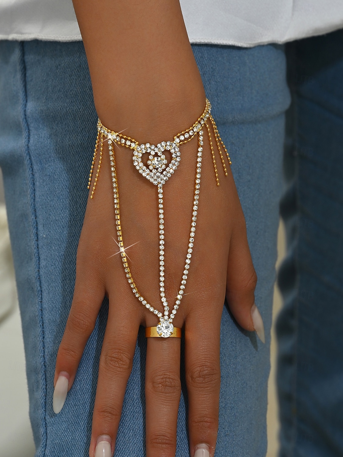 Γυναικείο βραχιόλι με αλυσίδα σε σχήμα καρδιάς και χρυσό στρας - κομψός συνδυασμός βραχιολιών με κρυστάλλινο δαχτυλίδι για πάρτι, γάμους και βραδινές περιστάσεις 2026 - $11.99 –P5