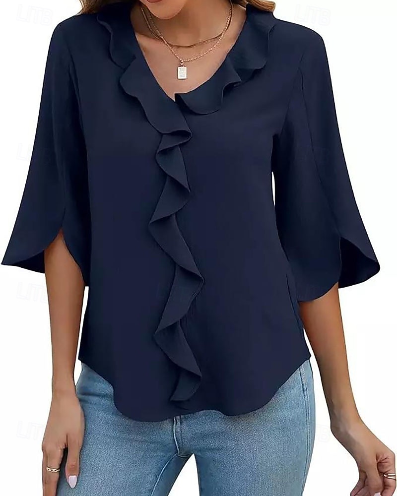 Women's Blouse Ruffle Plain Elegant Stylish Long Sleeve V Neck Regular Tops Holiday Going out Black Pink Navy Blue Sky Blue Summer Spring Fall 2026 - $16.49 –P4