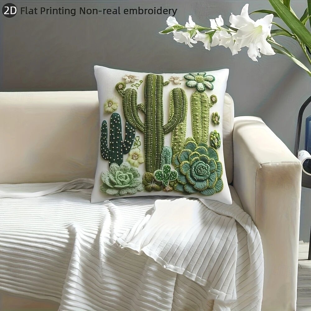 Vintage Style Pillow Cover with 2D Flat Print Cactus and Potted Plant Design Single-Sided 18 Inch Cushion Case Decorative Throw Pillow for Sofa Home Decor 2026 - $9.99 –P5