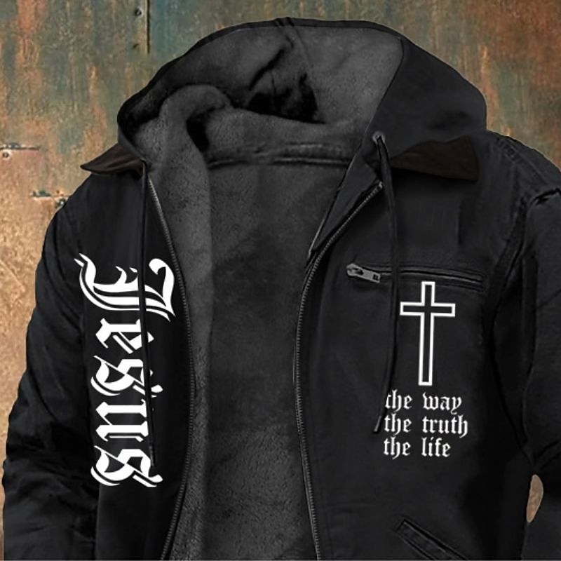 Per uomo Felpa con cappuccio a zip intera Giacca in Pile Felpa con cappuccio in pile Nero Con Cappuccio Lettera Croce Tasca Stampato Sport & Outdoor Casuale Quotidiano Poliestere Streetwear Retr del 2026 a $62.99 –P1