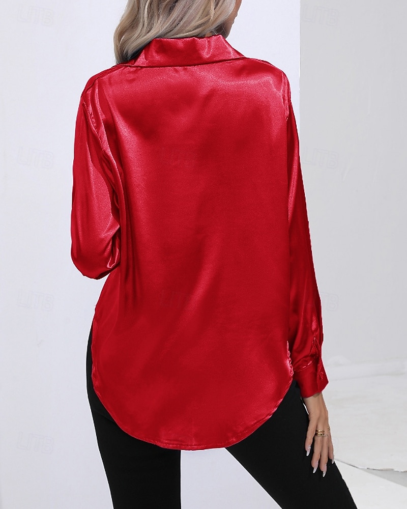 Femmes Chemise Elegant Haut en satin Chemisier Boutons Uni Élégant ancien manche longue Col de chemise Hauts Réguliers Fête Sortir Jaune Rouge Bleu Roi Rose Gris Été Printemps de 2026 ? $25.99 –P15