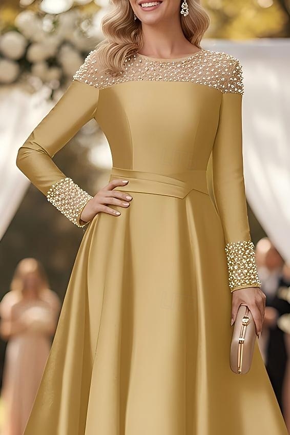Linea ad A Lunghezza alla caviglia Vestito da Festa Abito da Cocktail Abito da invitata a nozze Abito da cerimonia per signora Manica Lunga Senza Spalle Elegante Formale Raso con Perle del 2026 a TRY 9695.41 –P3