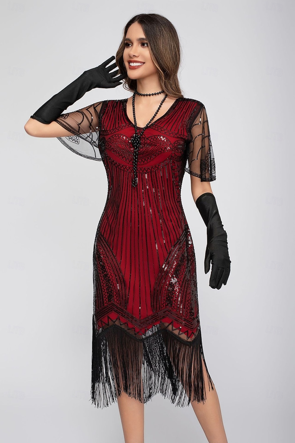 Goldene Zwanziger 1920er Knielang Flapper Kleid Kurze Ärmel Der große Gatsby Pailletten Fransen V Ausschnitt Kostüm Damen Weihnachten Karneval Flüsterkneipe Maskerade Retro-Mottoparty Erwachsene 2026 - $45.99 –P17