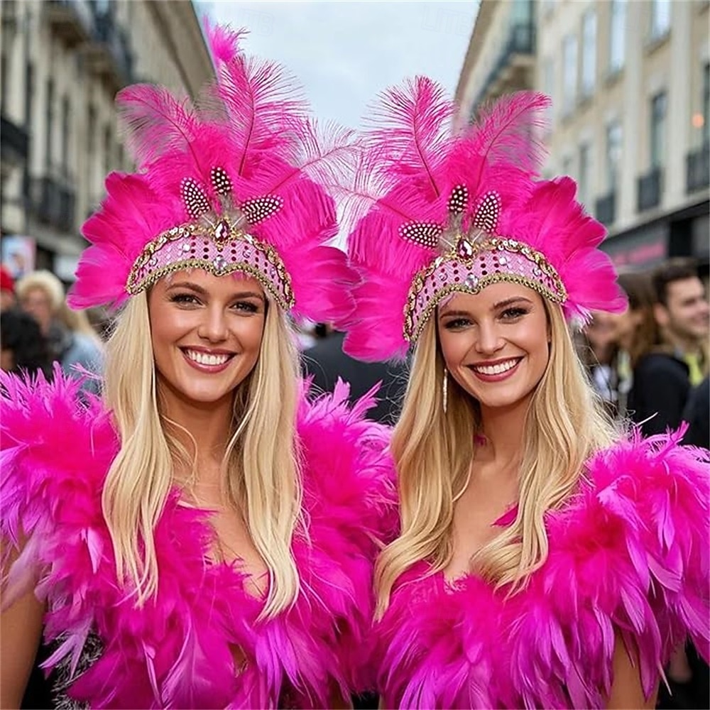 Carnival 2026 Rio Carnival Samba Accessories Hot Pink Ostrich Feather Headdress for Women - Sequin Rhinestone Headpiece - Carnival Showgirl Mardi Gras Costume Brazil Festival Performance Costume 2026 - $15.49 –P3