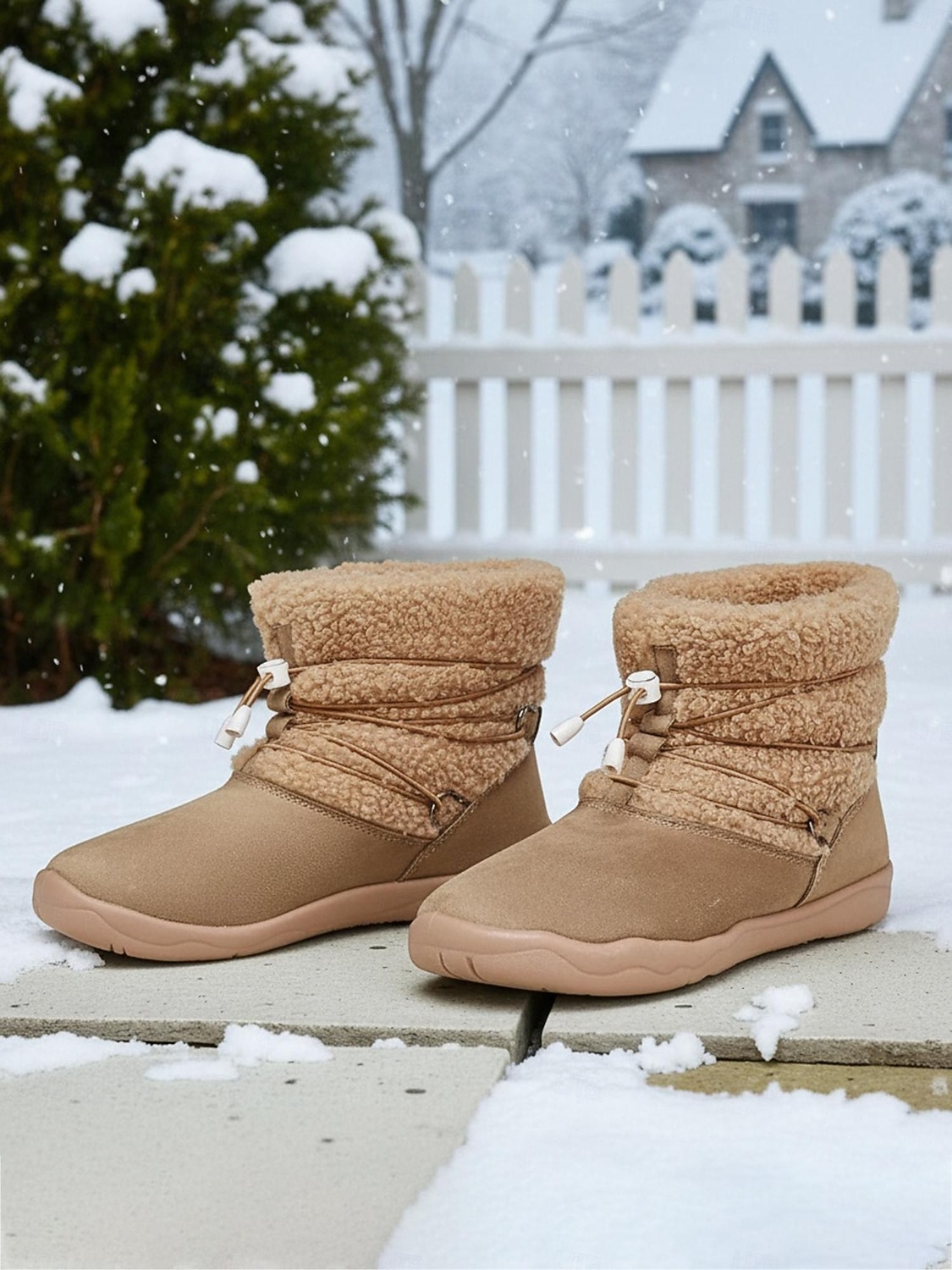Naisten khakinväriset, leveälestiset, fleecevuorilla varustetut talvisaappaat – lämpimät nilkkurit kiristysnyörillä lumeen, kävelyyn, ulkoiluun ja jokapäiväiseen käyttöön. 2026 - $34.99 –P1