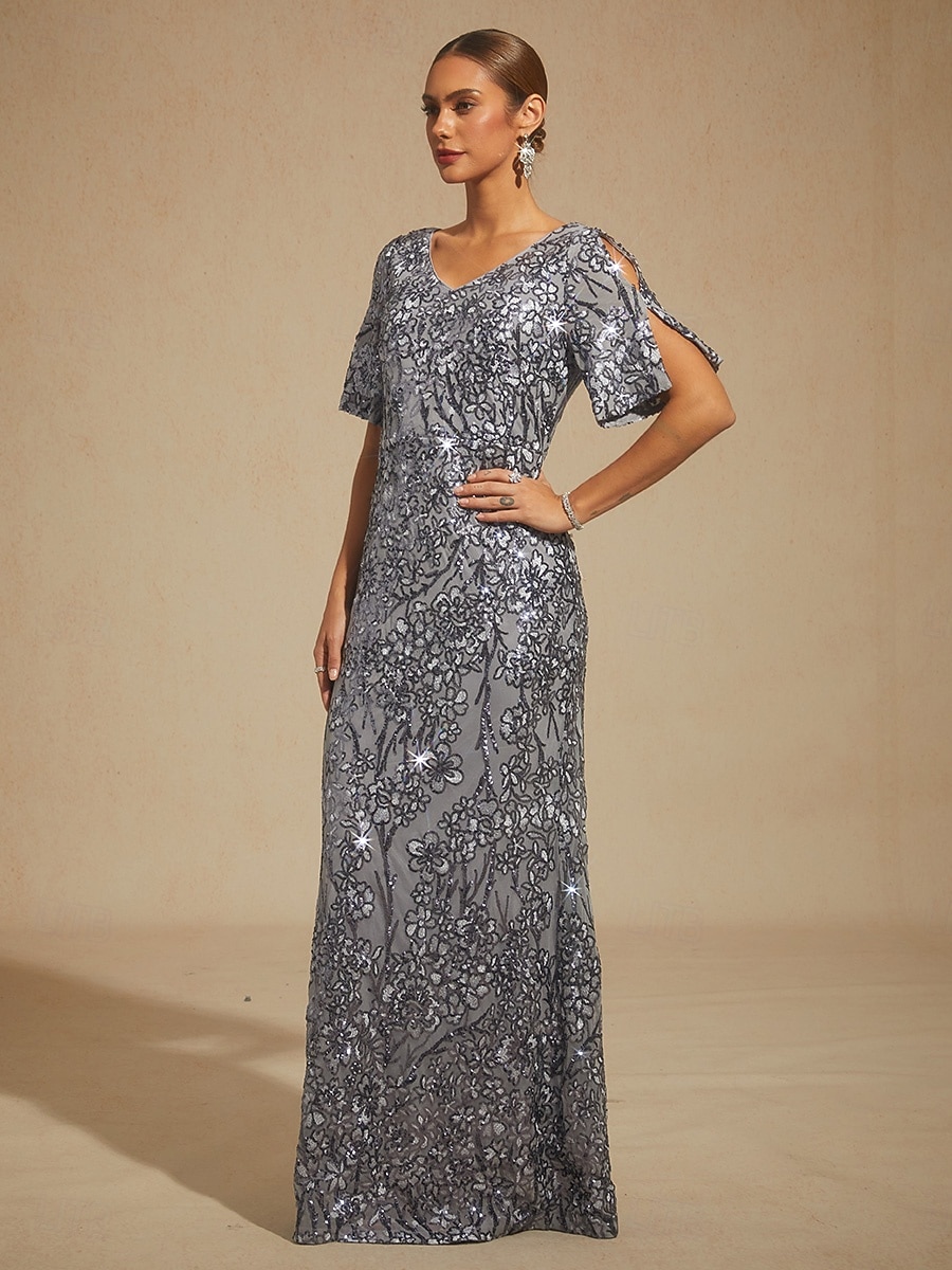Per donna Abito maxi Tubino Abito a sirena Elegante Spalle scoperte Festa serale Paillettes Pizzo Ricamato Vestibilità regolare Floreale Mezza Manica Scollo a V Grigio del 2026 a $208.19 –P7