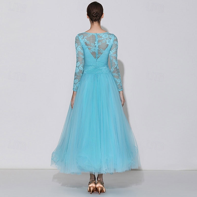 Women's Elegant Turquoise Ballroom Dance Dress Lace Long Sleeve Boat Neck Waltz Tango Modern Rumba Practice Performance Gown 2026 - $159.99 –P2