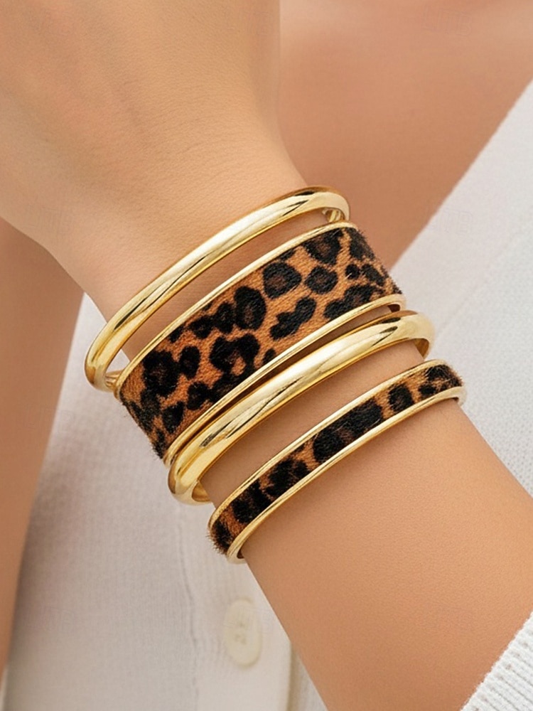 Dames manchetarmbanden met luipaardprint in goudkleurige legering – set van 4, stijlvol dierenprintontwerp, perfect voor casual en avondkleding 2026 - $11.99 –P4