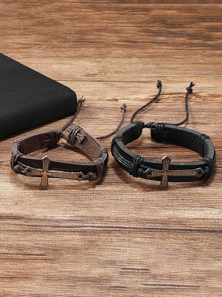 Miesten keinonahkainen ristirannekoru, säädettävä koko, kestävä ja tyylikäs, sopii erinomaisesti arkeen ja vapaa-aikaan 2026 - $7.99 –P5