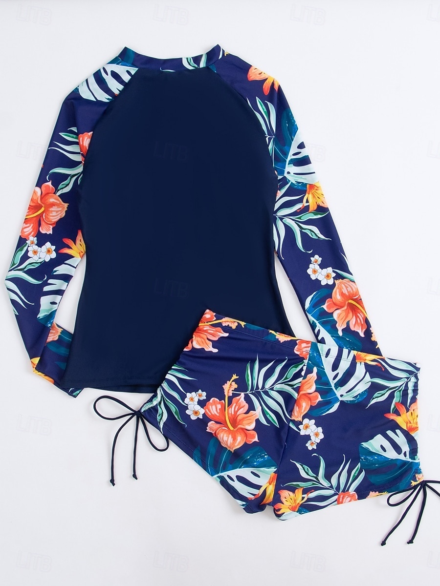 Женский танкини из 2 предметов купальник с молнией спереди пальмы шорты контроль живота высокая талия узкий спина без бретелек пляжная одежда цветочный листья высокий вырез длинные рукава 2026 - $33.99 –P5