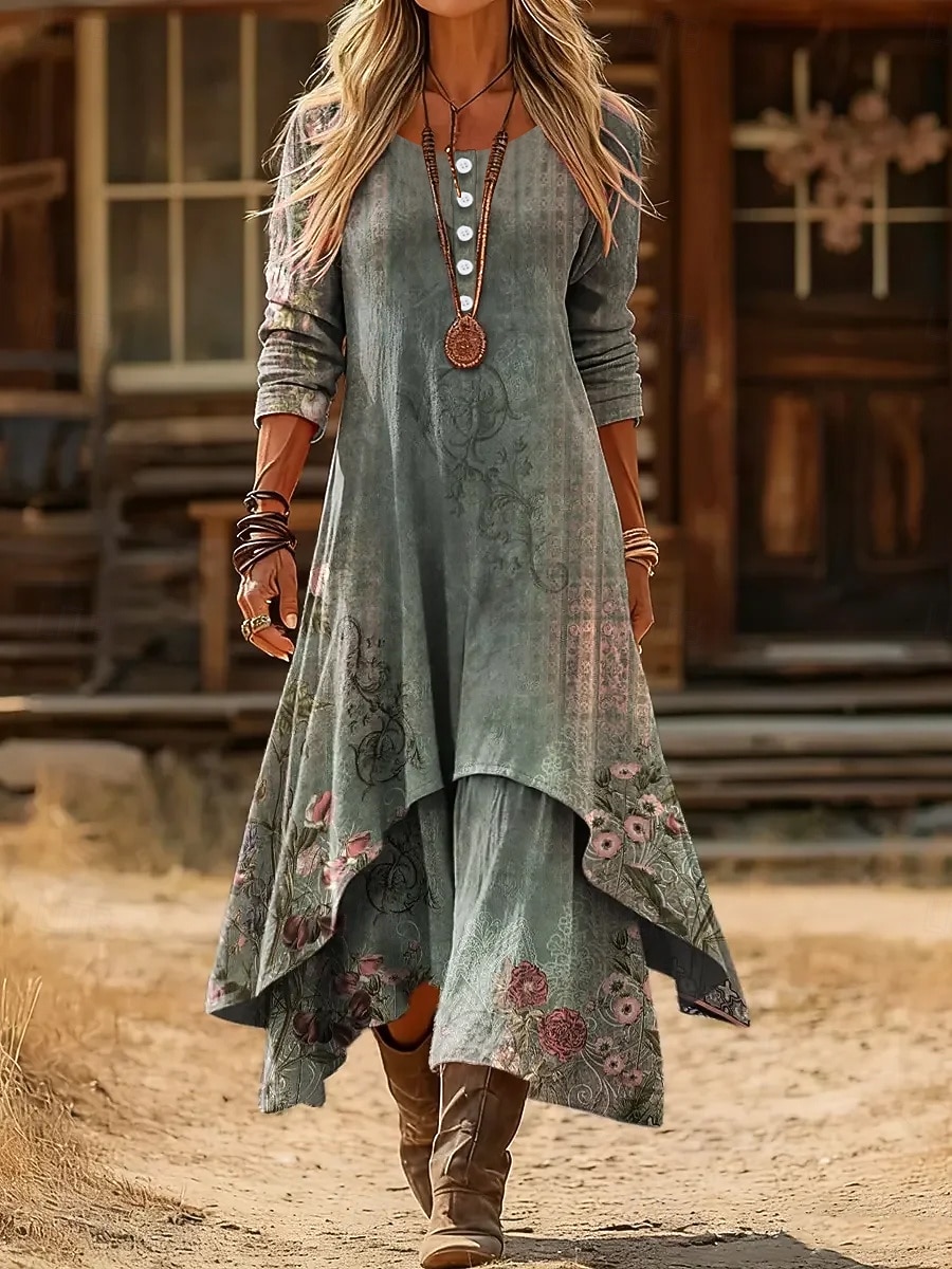 Naisten Midimekko Väljä mekko Vapaa-aika Päivittäin Pyhäpäivä Normaali Kuvitettu Geometrinen Pitkähihainen Tiukka pyöreä kaula-aukko Sininen Rubiini Apila Syksy Talvi 2025 - $39.99 –P2