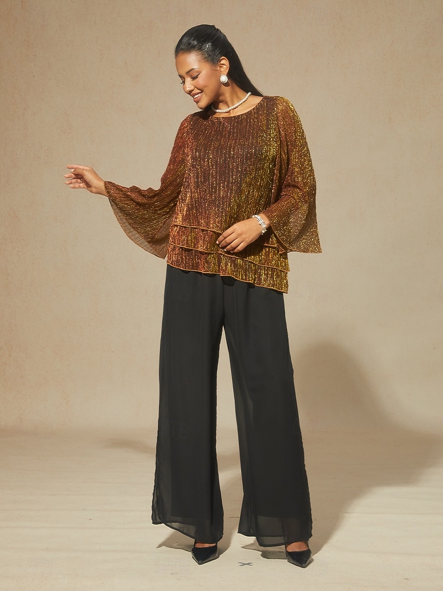 Dames Blouse Chiffon-topjes Kanten topjes Met ruches Schitteren Effen Kleur Elegant 3/4 mouw Strakke ronde hals Bruiloft gast Feestdagen Portofino Sinaasappel Zomer Lente Herfst 2026 - $59.99 –P2