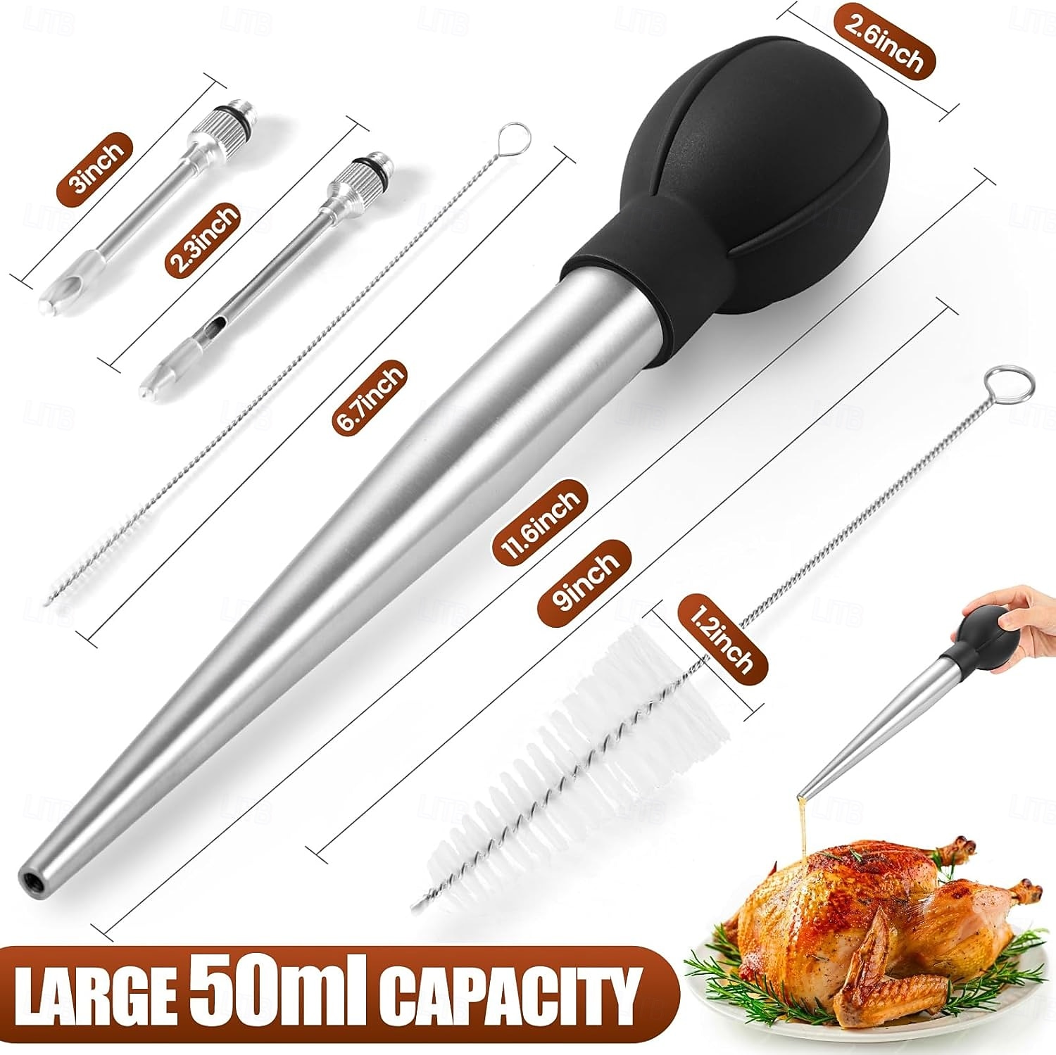 מחבת הודו מנירוסטה לבישול &מזרק מטבח - מזרק נוזלים חמים - מזרק בשר ומזון - גודל גדול עם 2 מחטים &2 מברשות ניקוי - כלי חיוני לחג ההודיה 2026 - $15.99 –P4