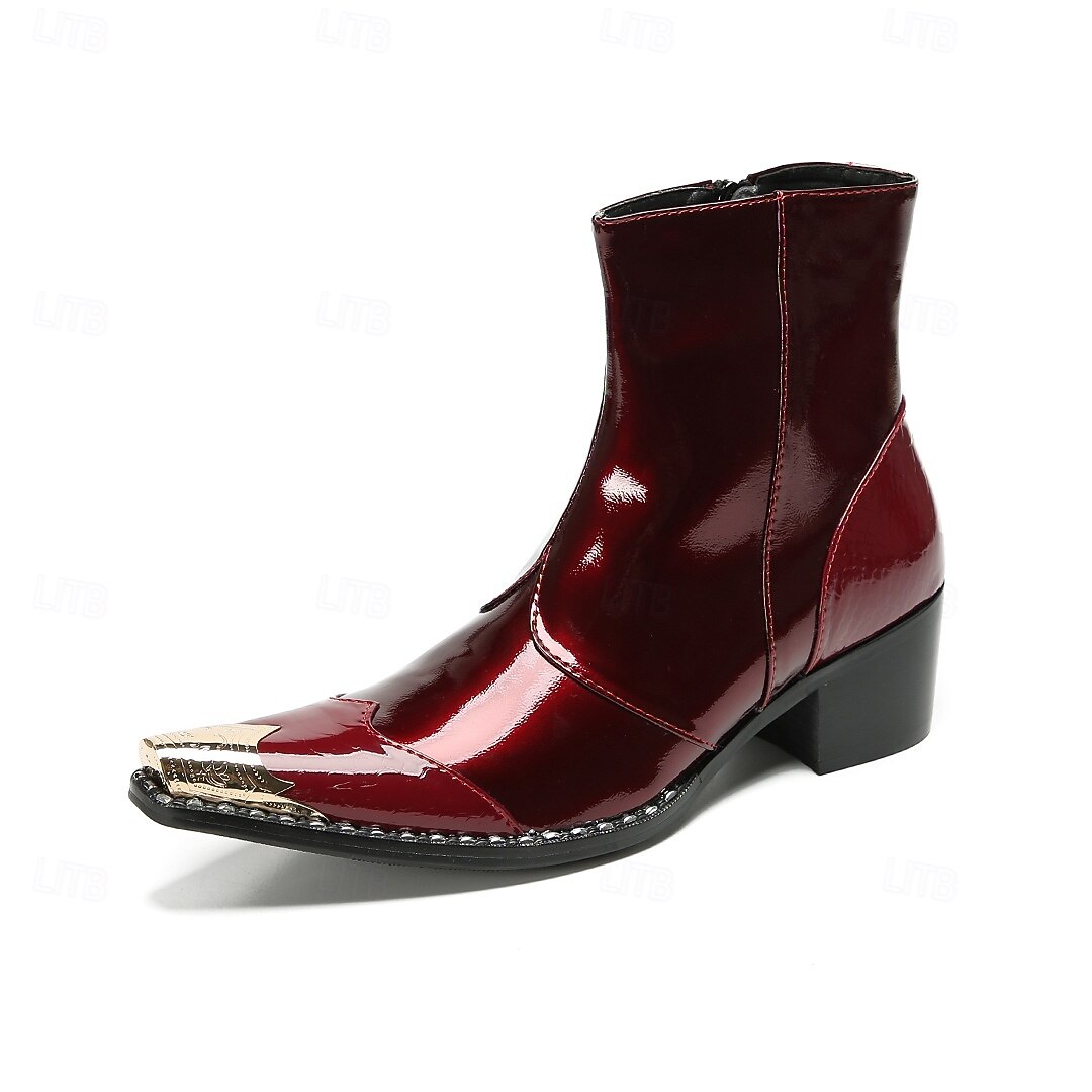 ανδρικά γυαλιστερά κόκκινα δερμάτινα μποτάκια μέχρι τον αστράγαλο – κομψά γυαλιστερά με άνετο, στιβαρό τακούνι, κομψή επιλογή για χριστουγεννιάτικες εκδηλώσεις 2026 - $159.99 –P7