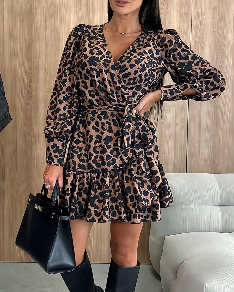 Per donna Mini Abito Vestito Casual Abito Stampato Elegante Moda Moderno Quotidiano Ferie Uscire Vestibilità regolare Leopardo Manica Lunga Scollo a V Blu Leopardo Rosso Verde Estate del 2026 a $31.99 –P1