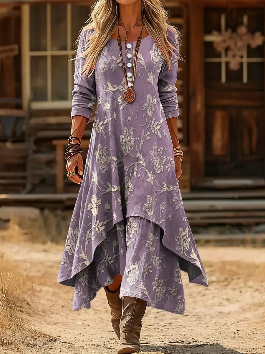 Femmes Robe Midi Robe fourreau Occasionnel Quotidien Fête Coupe régulière Fleuri Graphique manche longue Col ras du cou Jaune Violet Automne Hiver de 2025 ? $39.99 –P2